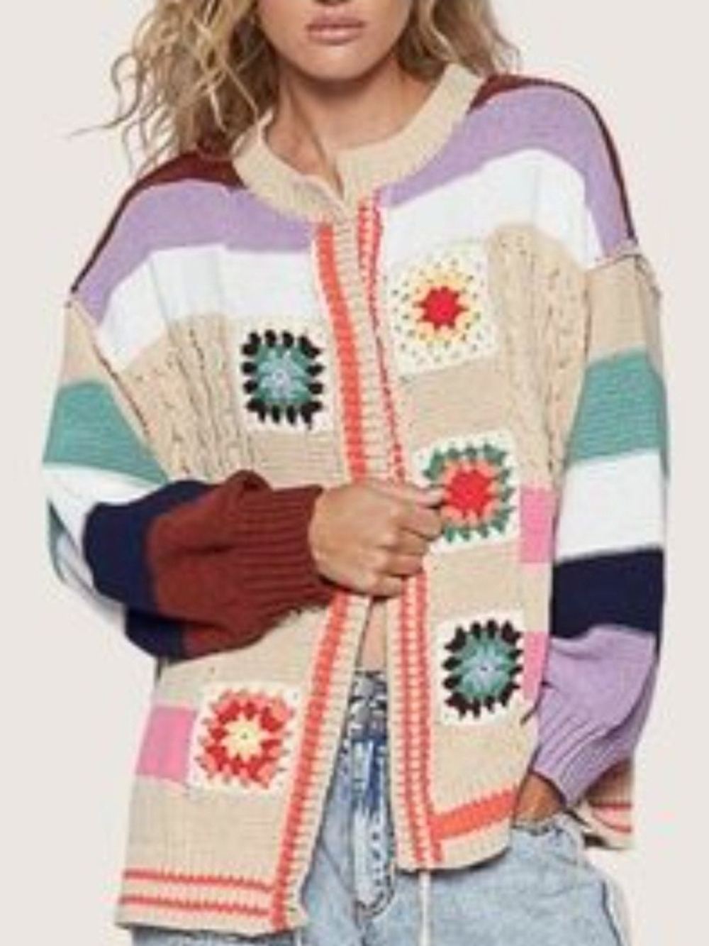 POL Multicolor Crochet Patchwork Cardigan - Beige, Lavender, Teal, Navy